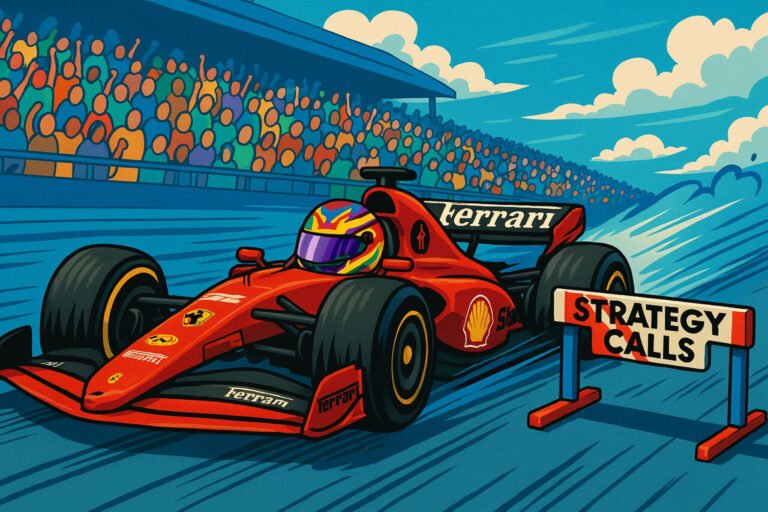 Cartoon Ferrari racing car with strategy calls hurdle