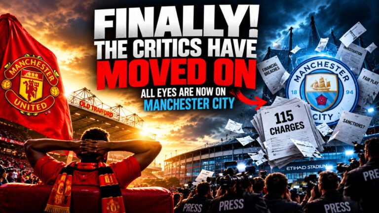 Manchester United supporter relaxing at Old Trafford as media attention shifts toward Manchester City, depicted alongside press photographers, financial investigation documents and the 115 charges.