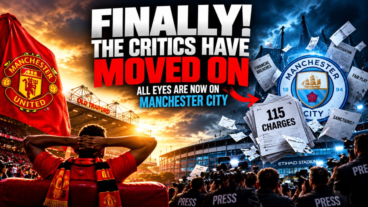 Manchester United supporter relaxing at Old Trafford as media attention shifts toward Manchester City, depicted alongside press photographers, financial investigation documents and the 115 charges.
